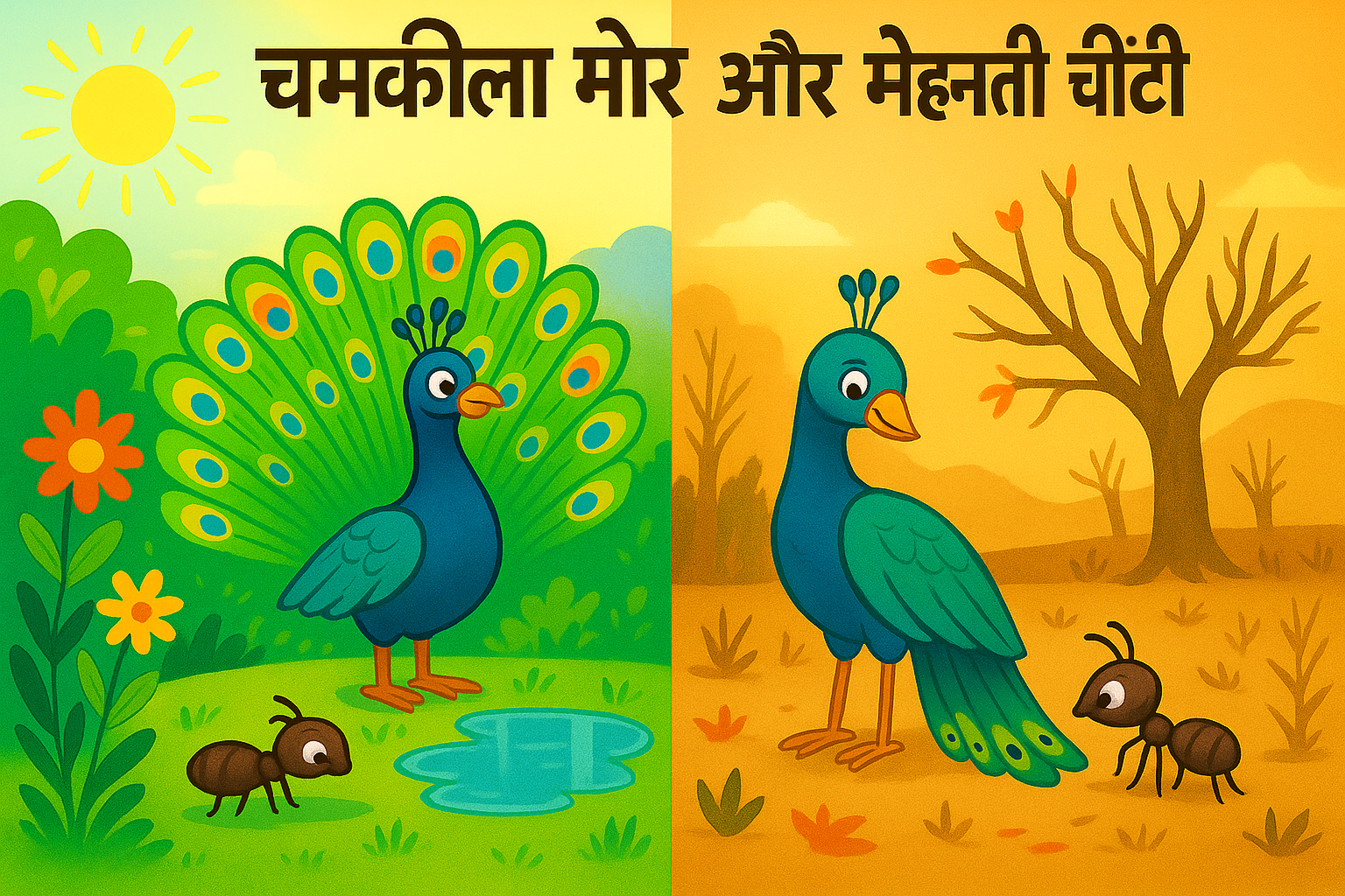 चमकीला मोर और मेहनती चींटी